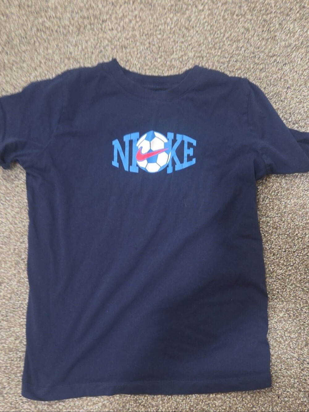 Nike Navy Blue Soccer Logo Short Sleeve Tee with Light Blue Graphic